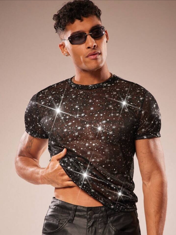 Men's Mesh Sheer Glitter Round Neck T-Shirt